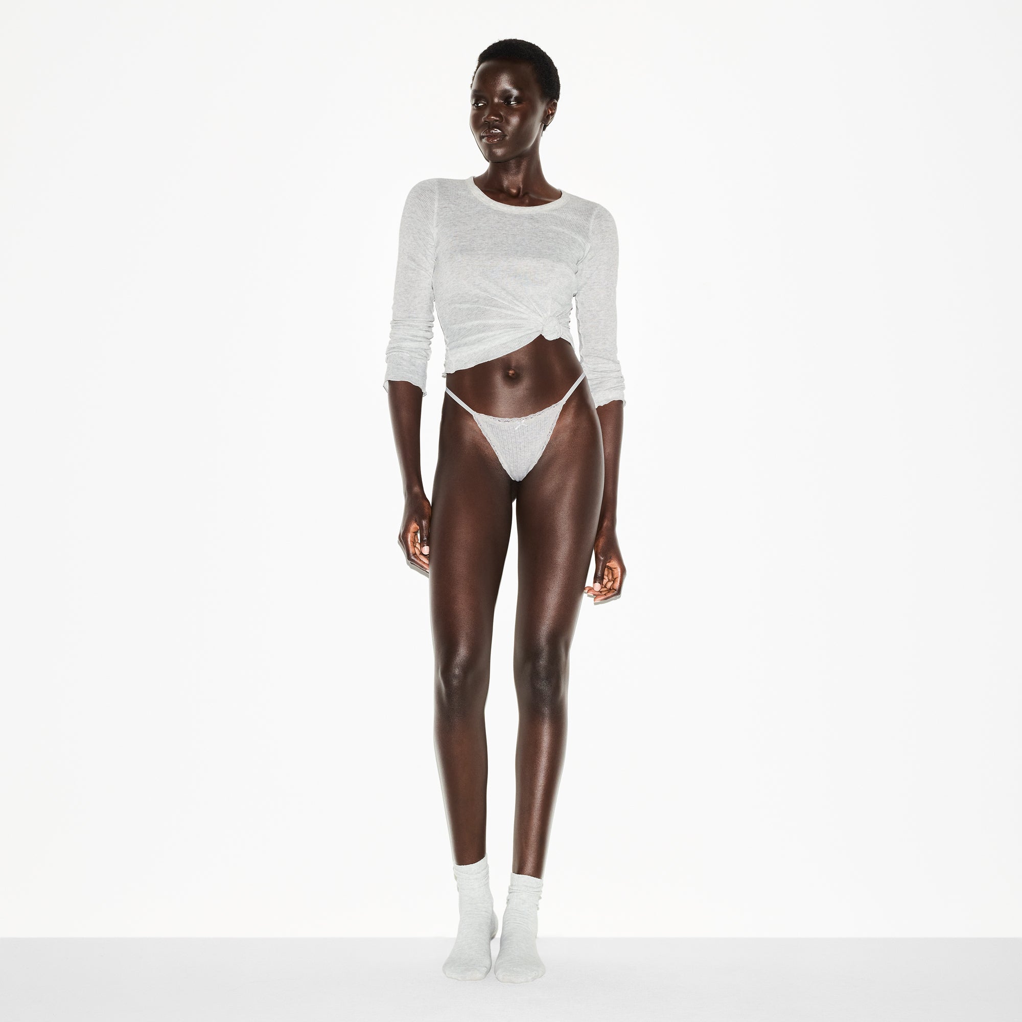 LIGHTWEIGHT COTTON POINTELLE LACE STRING THONG | LIGHT HEATHER GREY