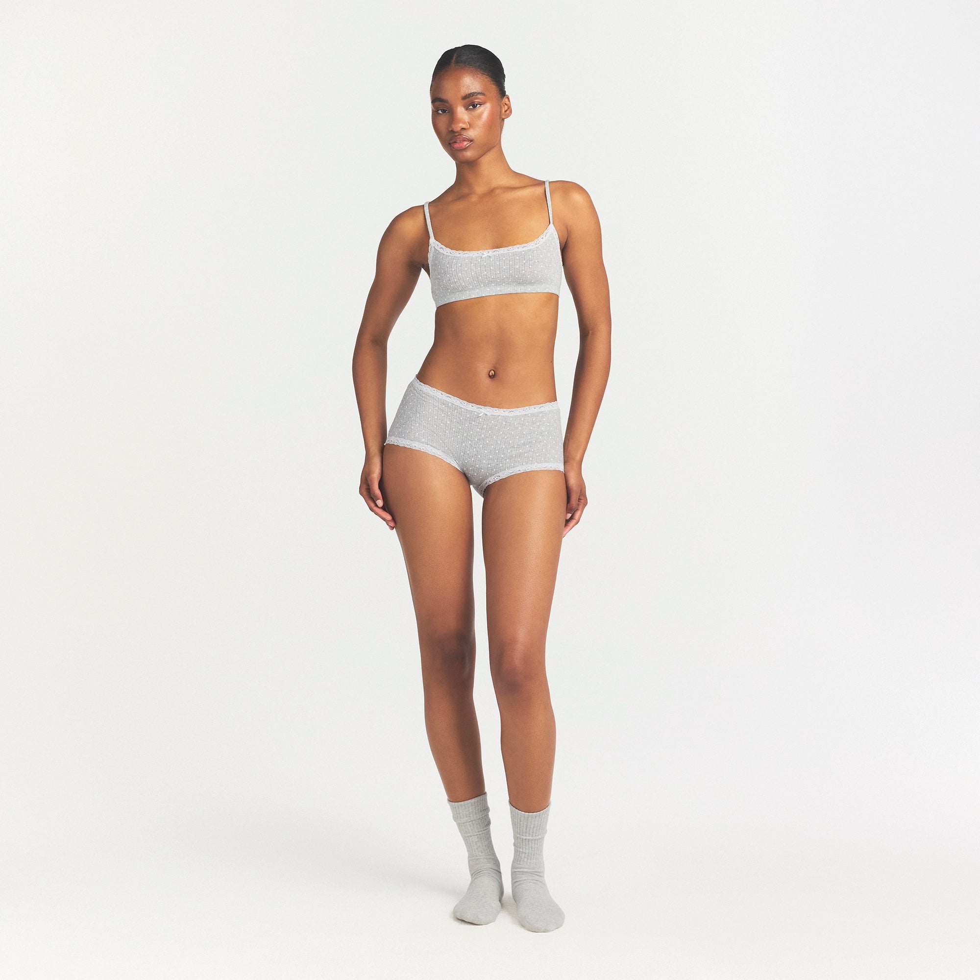 LIGHTWEIGHT COTTON POINTELLE LACE BOY SHORT | LIGHT HEATHER GREY PIN DOT thumbnail 2
