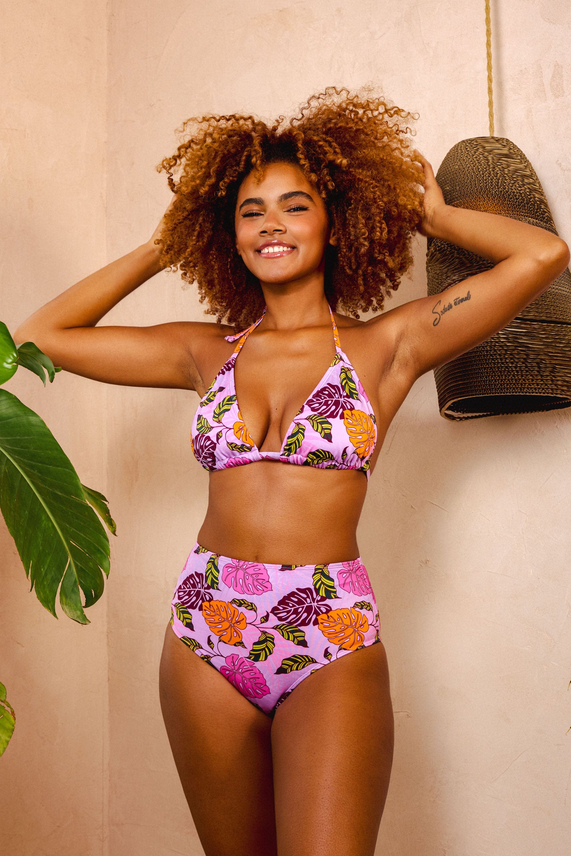 Riley Mix & Match Pink Palm Print High Waisted Bikini Bottom thumbnail 2