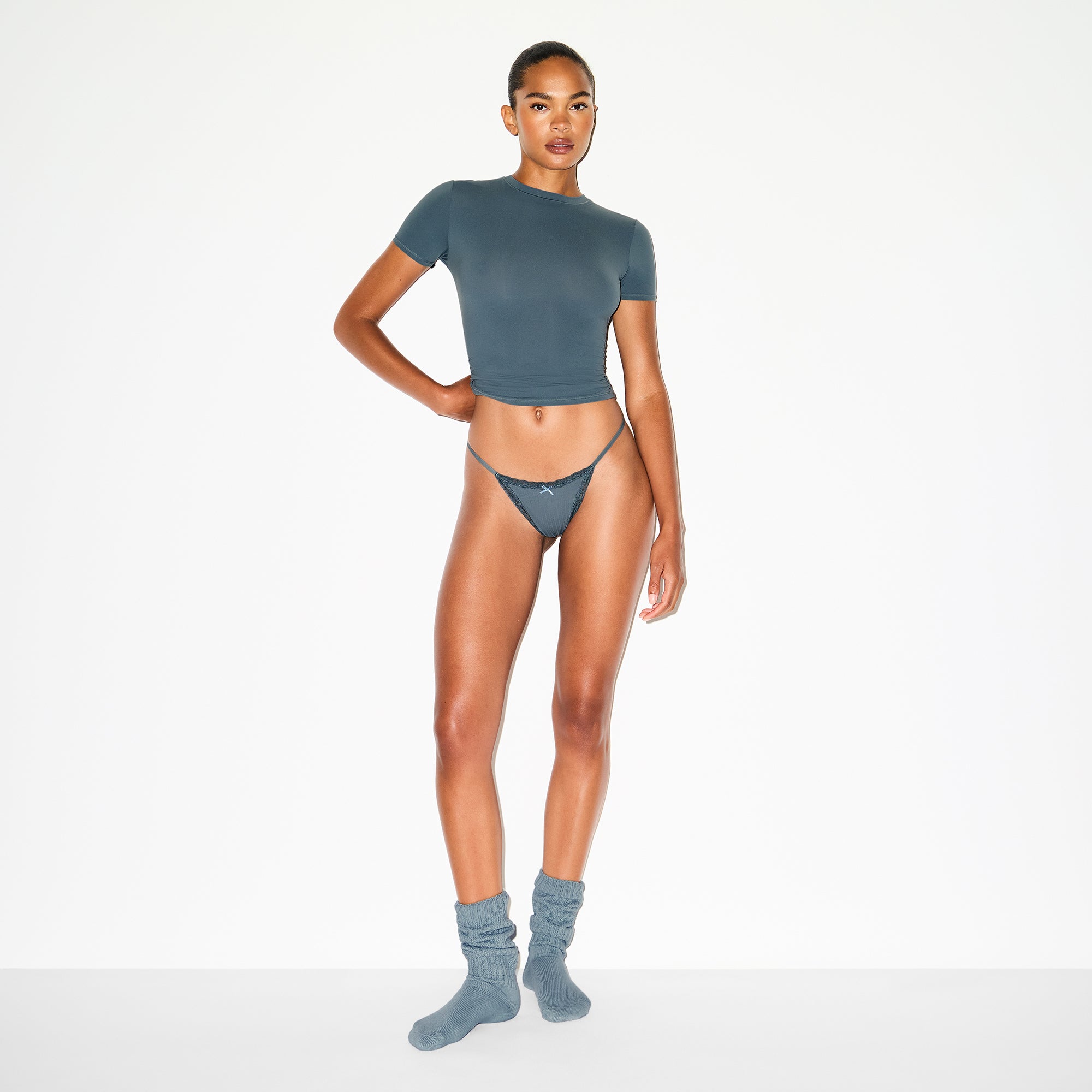 LIGHTWEIGHT COTTON POINTELLE LACE STRING THONG | ZIRCON TONAL thumbnail 2