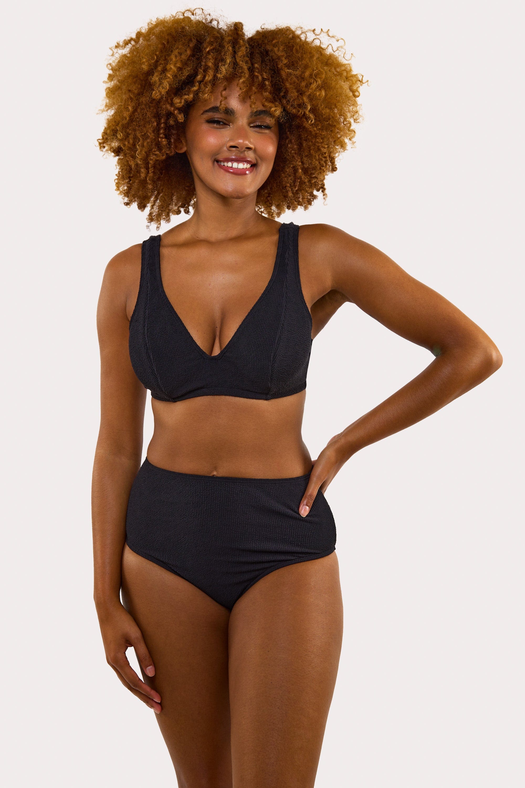 Mila Black Textured High Waisted Bikini Bottom thumbnail 3
