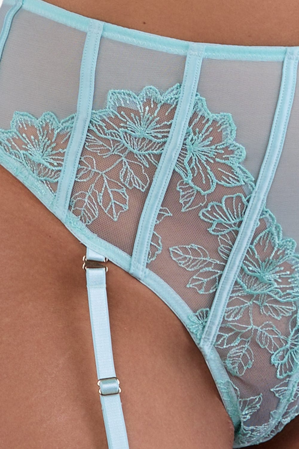 Valerie Aqua Embroidery & Mesh High Waist Suspender Thong thumbnail 2