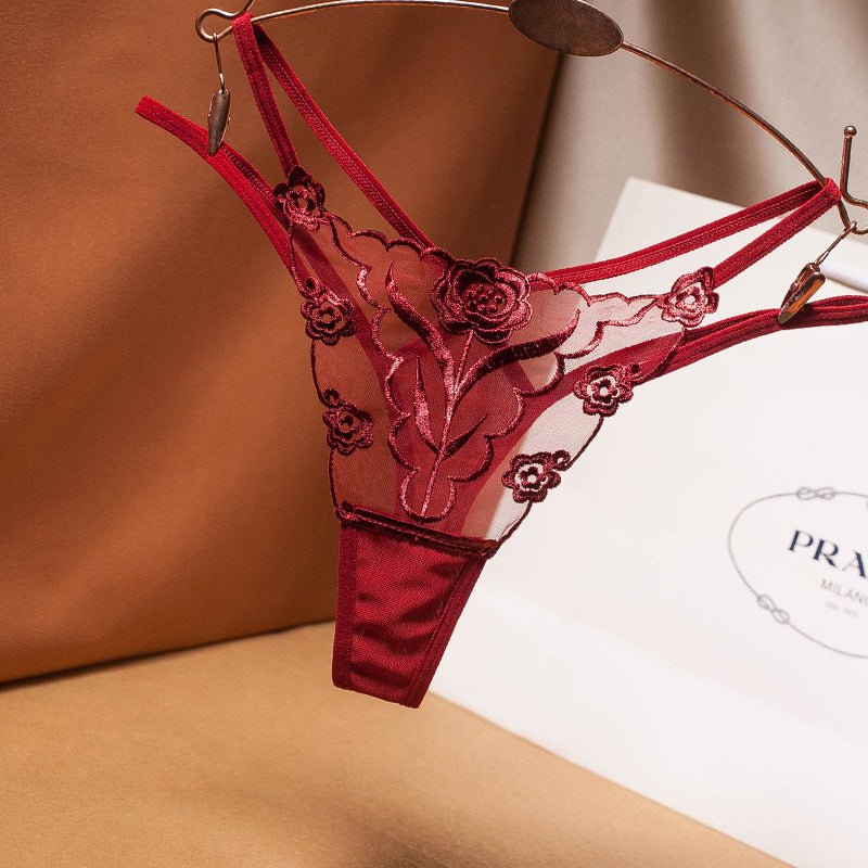 American Style Embroidered Women's Thong Transparent Mesh Thin Belt Temptation Seamless Panty thumbnail 3