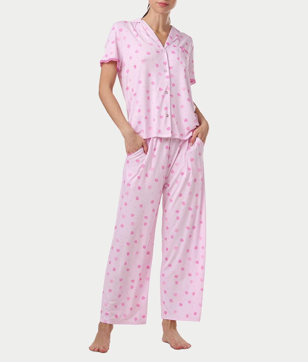 Knit Short Sleeve Notch Top and Crop Pant Set