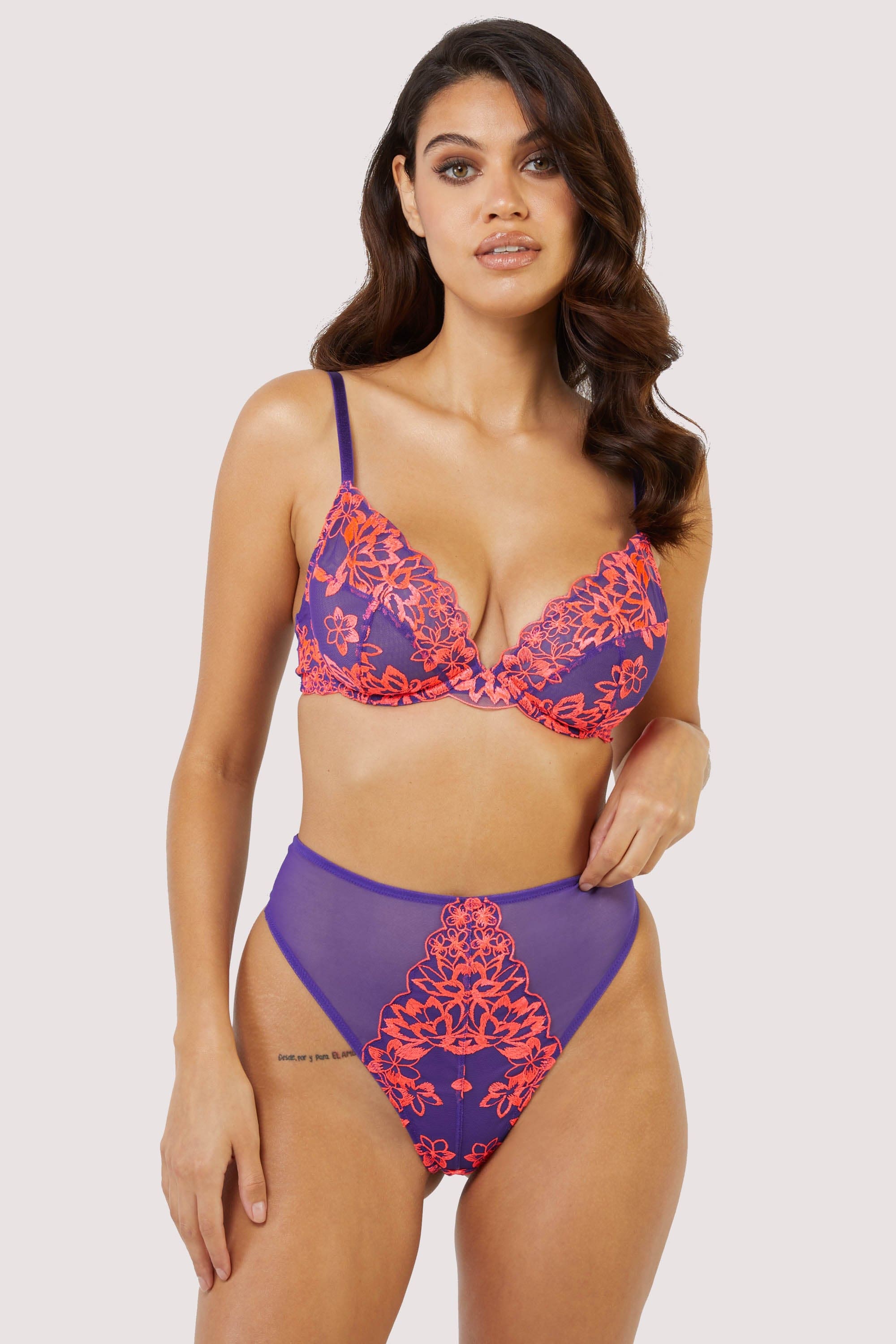 Ada Purple and Neon Pink Blossom Plunge Bra thumbnail 2