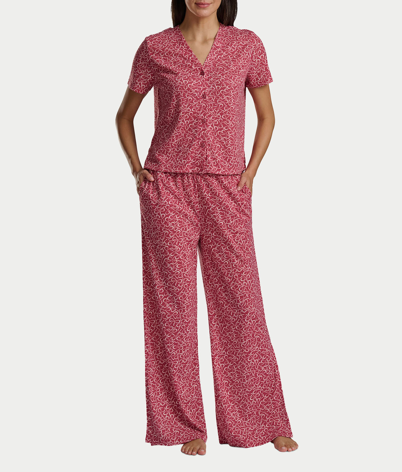 Pointelle Short Sleeve Button-Down Top and Long Pant Set