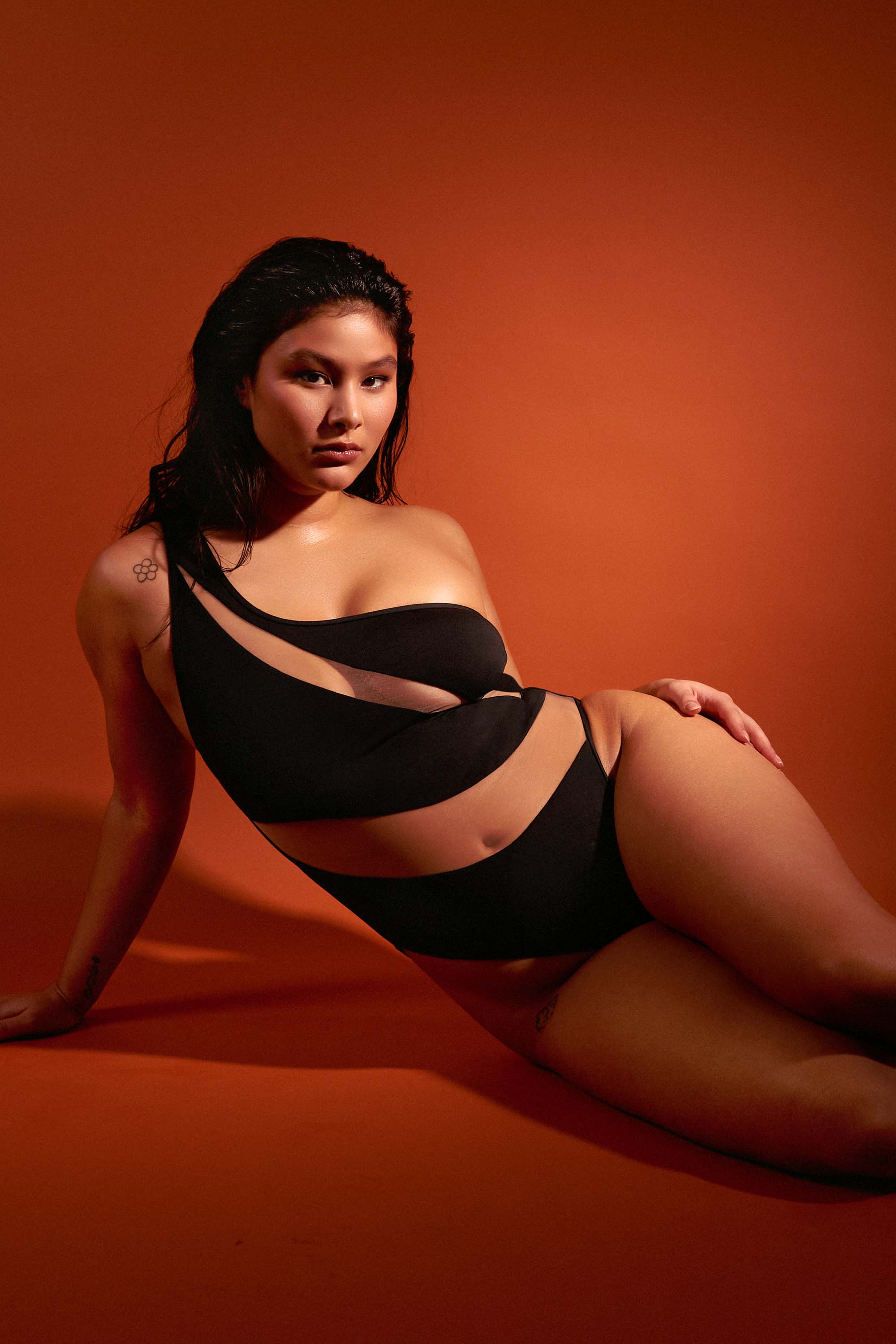 Eloise Fuller Bust Black Asymmetric Swimsuit with Nude Mesh Inserts thumbnail 3