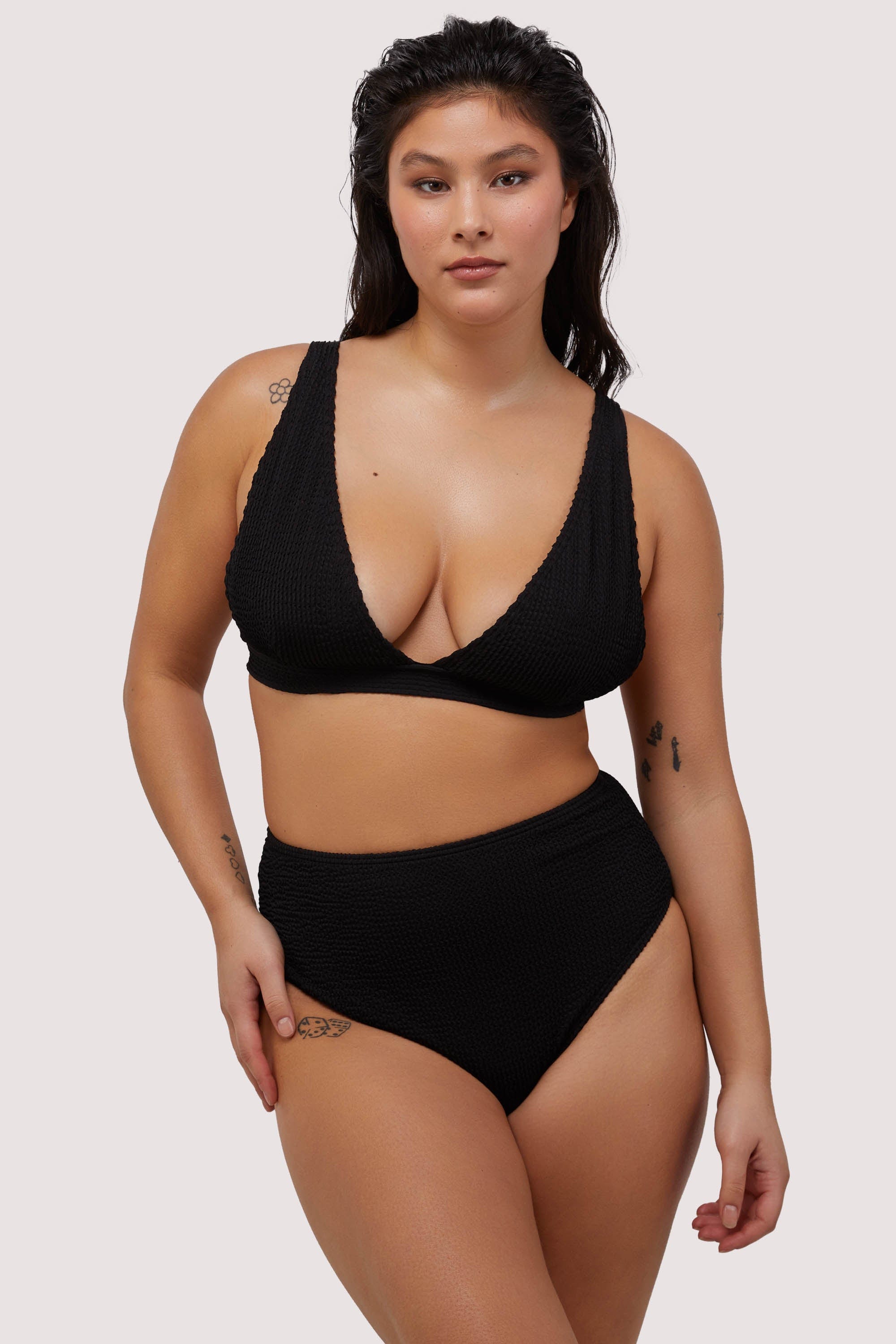 Black Textured Non Wired Plunge Bikini Top Fuller Bust Exclusive thumbnail 3