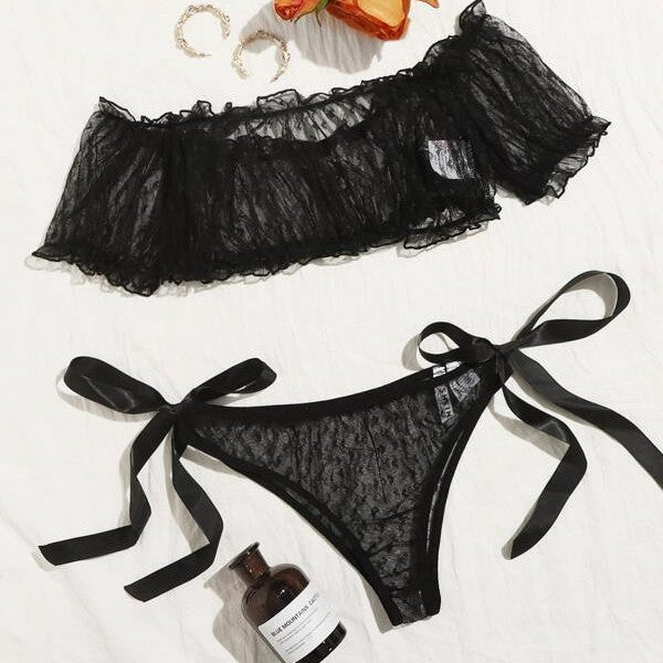 Lace Off-Shoulder Sheer Lingerie Set with Tube Top Midnight Noir thumbnail 2