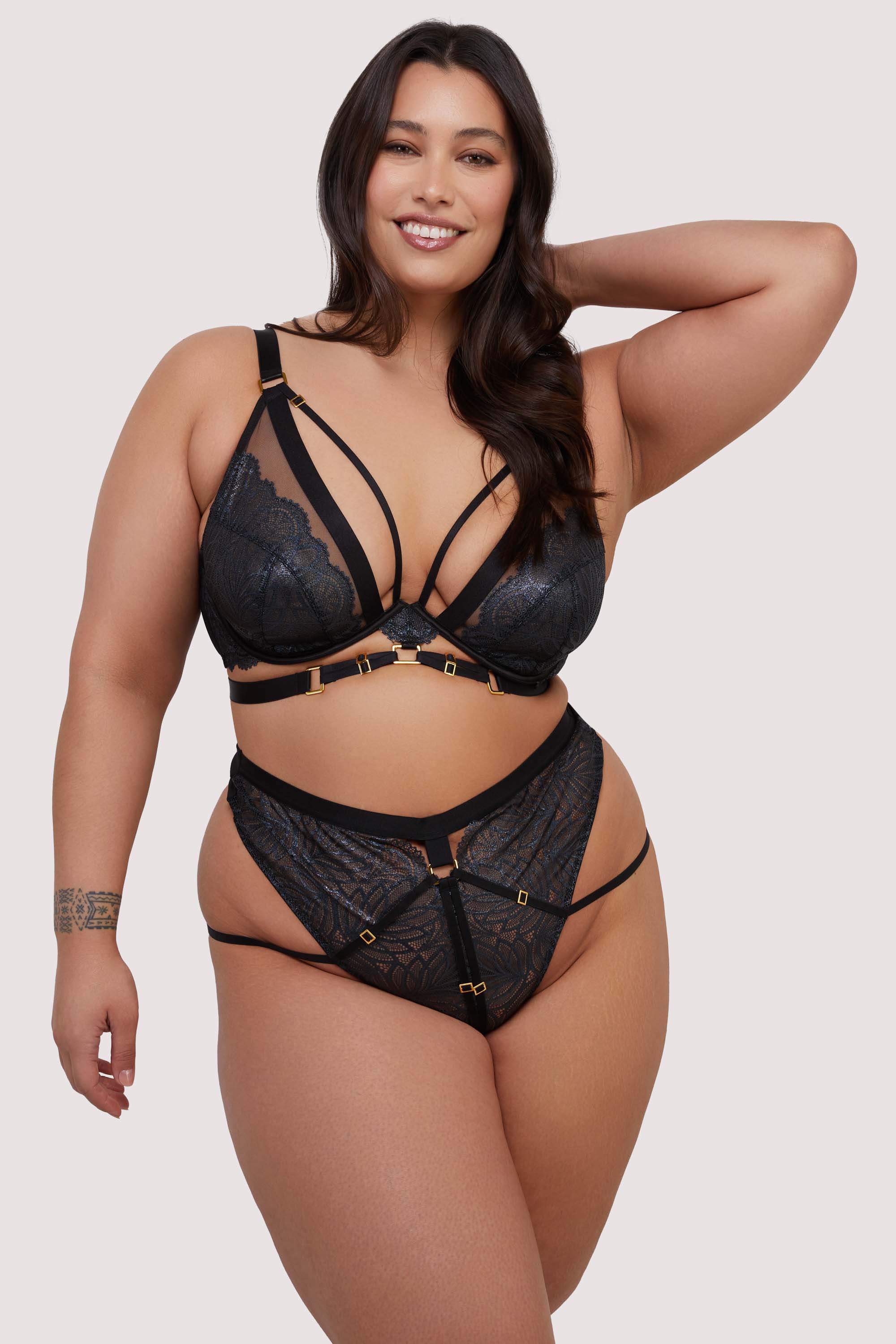 Tabitha Black Wet-Look Lace High Waist Thong thumbnail 3