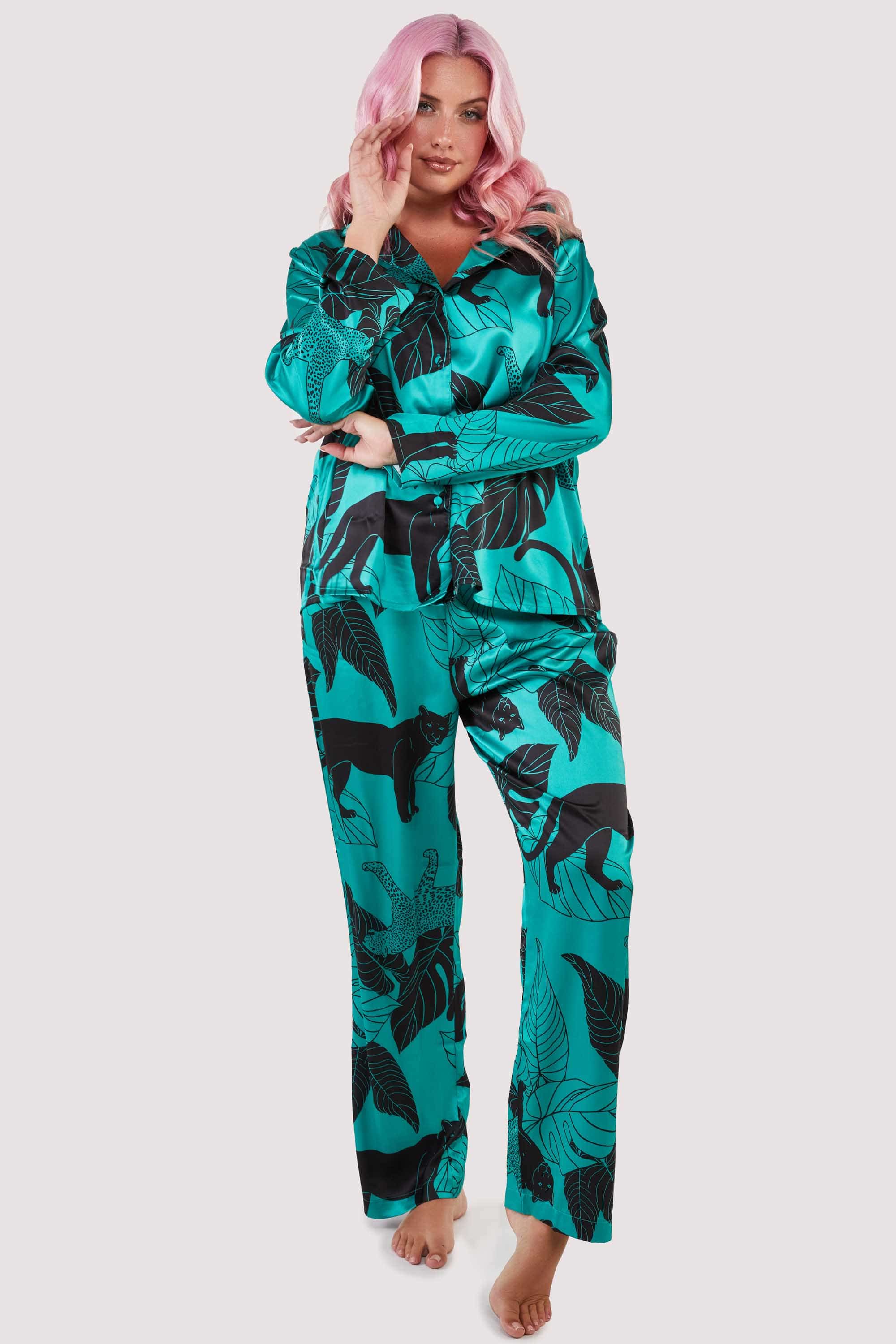 Green Panther Print Satin Pyjama Set thumbnail 3