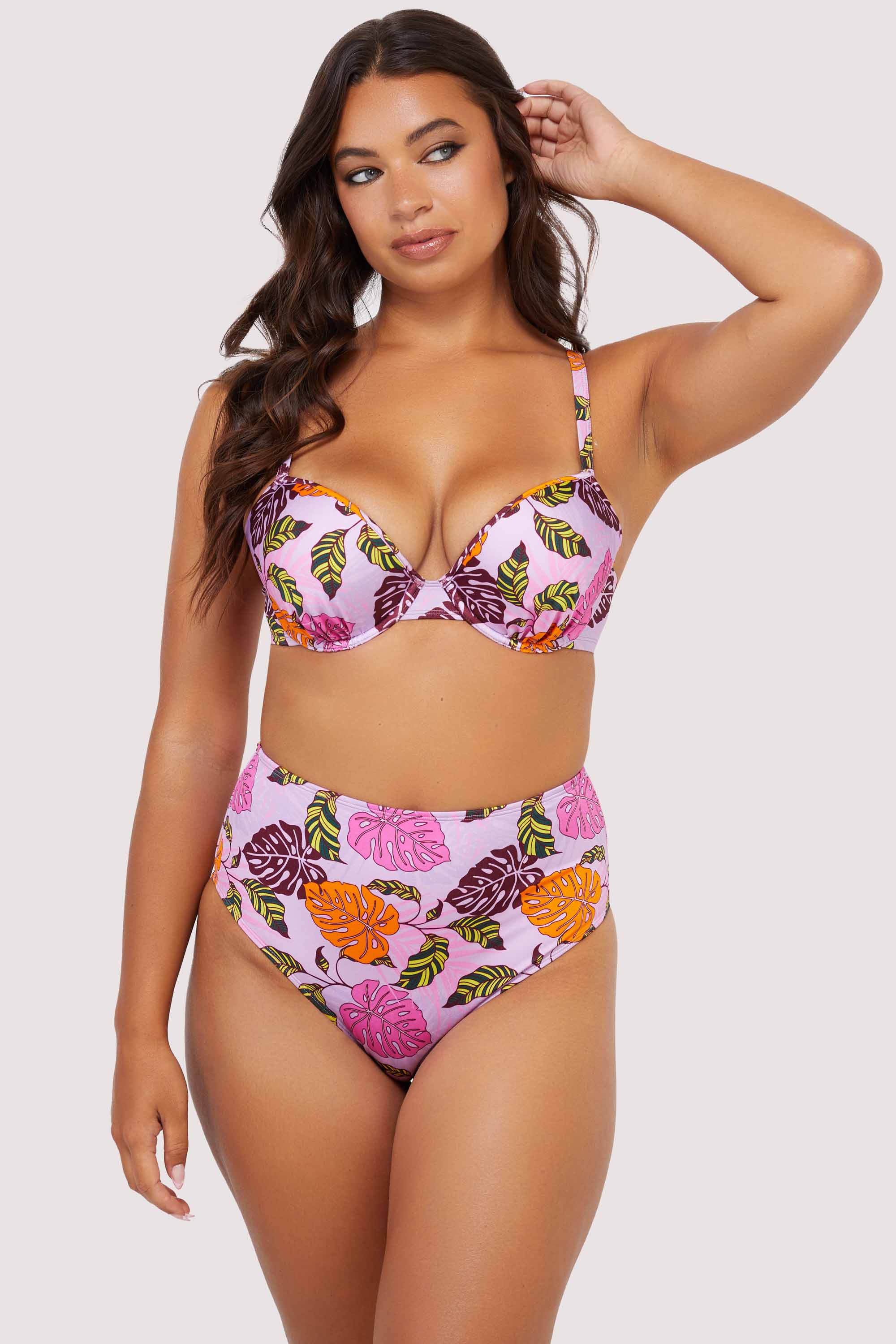 Riley Fuller Bust Mix & Match Pink Palm Print Plunge Bikini Top thumbnail 3