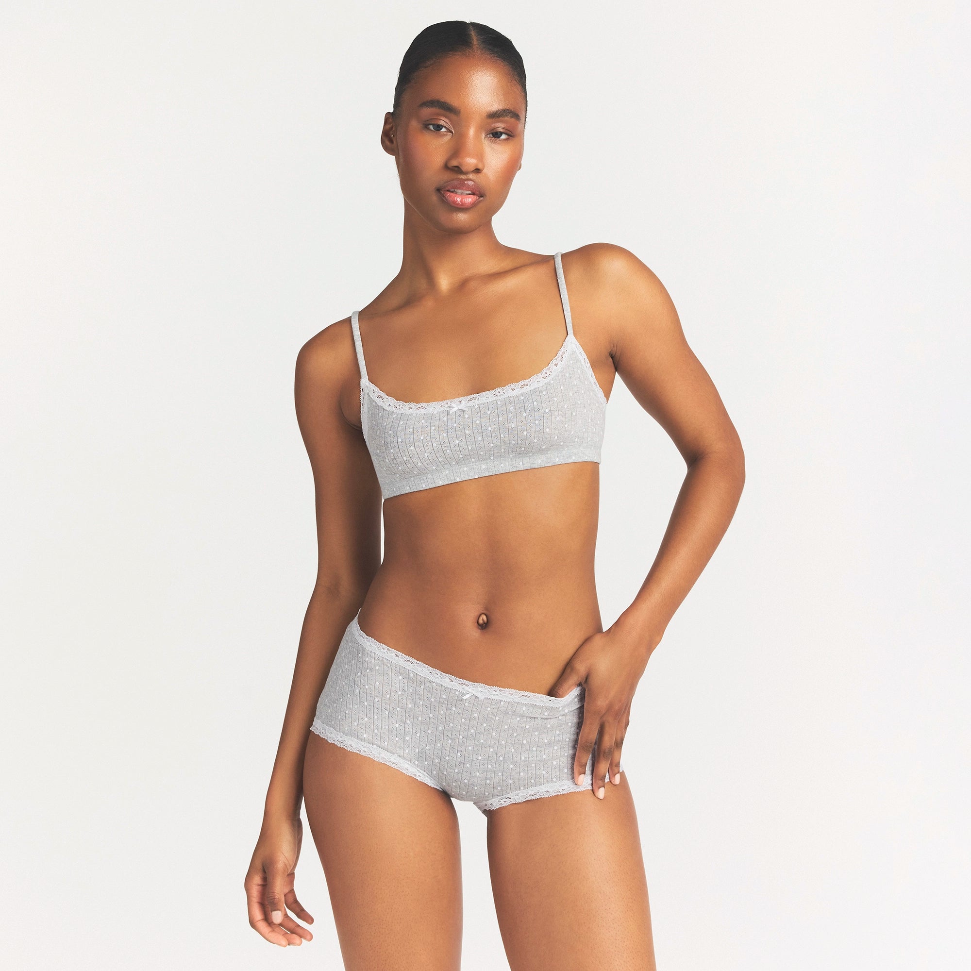 LIGHTWEIGHT COTTON POINTELLE LACE BOY SHORT | LIGHT HEATHER GREY PIN DOT thumbnail 3
