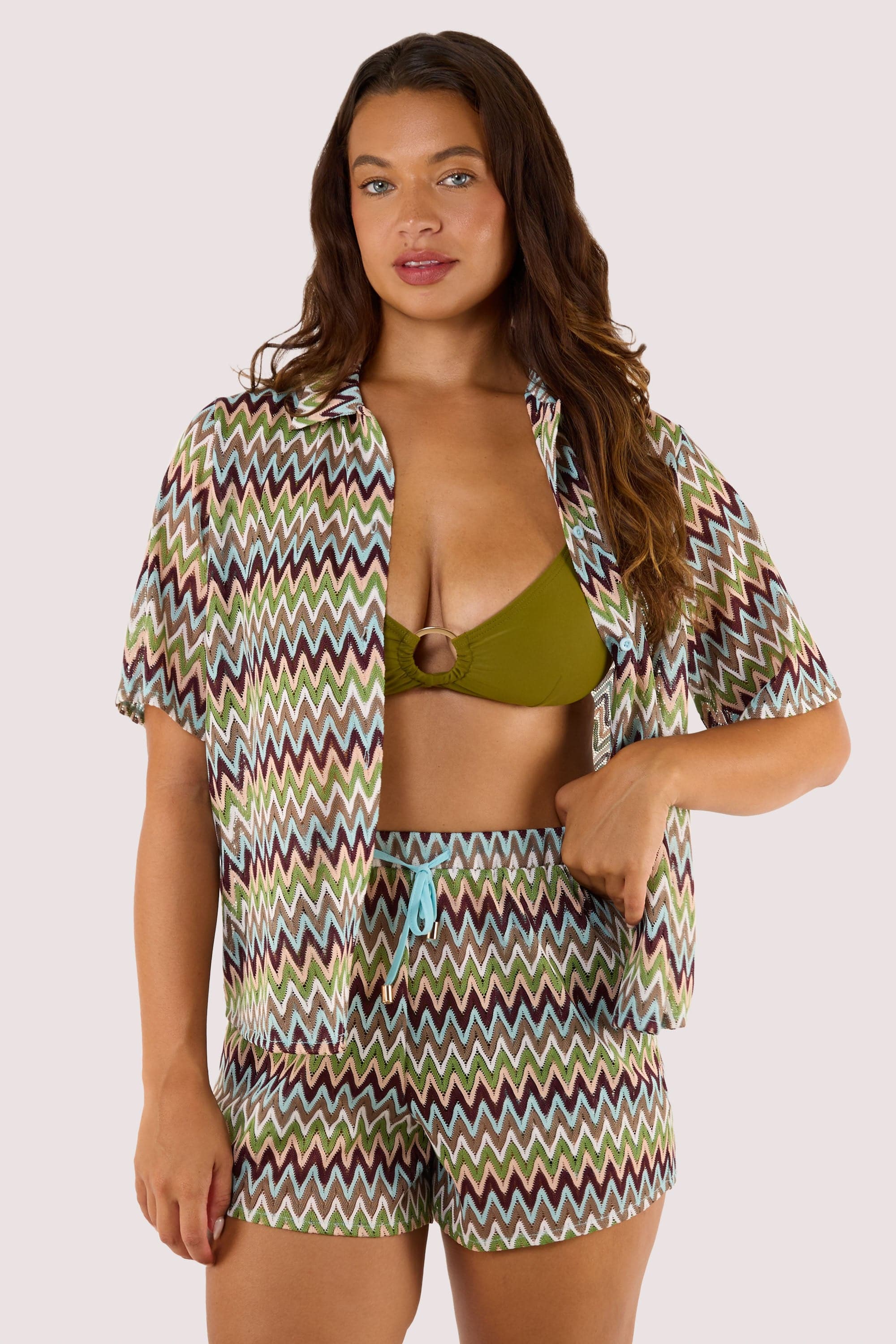 Kalahari Khaki Zig Zag Crochet Beach Shirt thumbnail 2