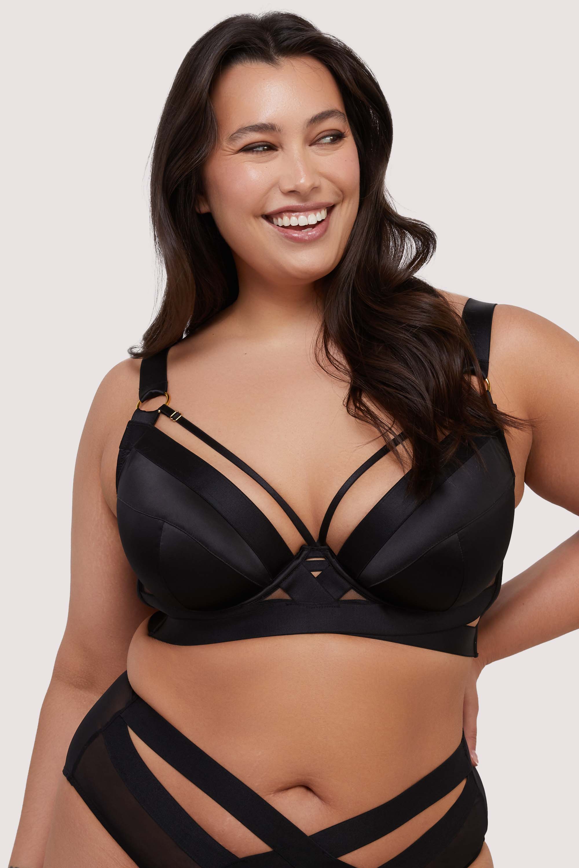 Etta Black Satin and Mesh Longline Padded Plunge Bra thumbnail 2
