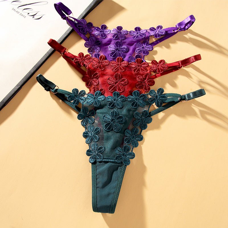 Flower Embroidery Comfortable Adjustable Straps Metal Buckle Design Thong  Panties thumbnail 3