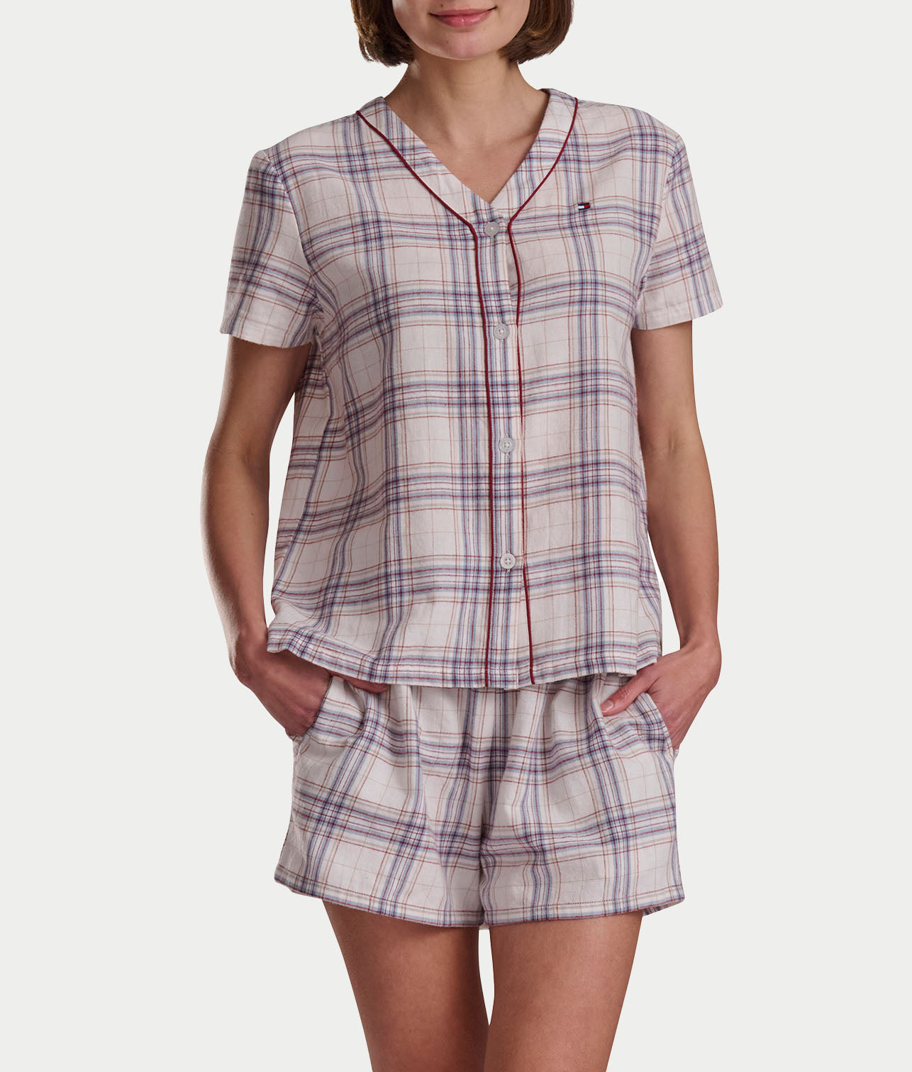Short Sleeve Woven Plaid Boxer Pajama Set