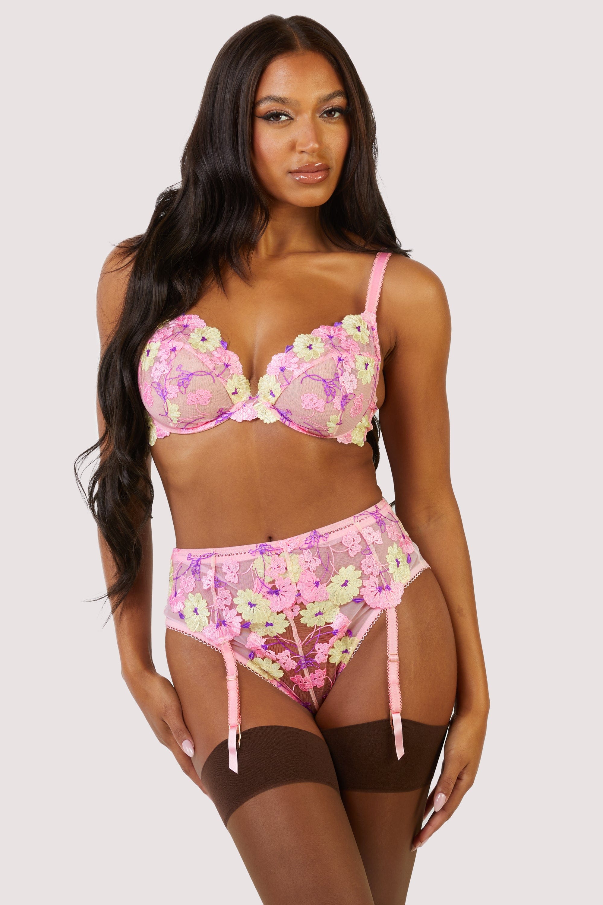 Luna Pastel Pink Embroidery Picot Elastic Suspender thumbnail 2