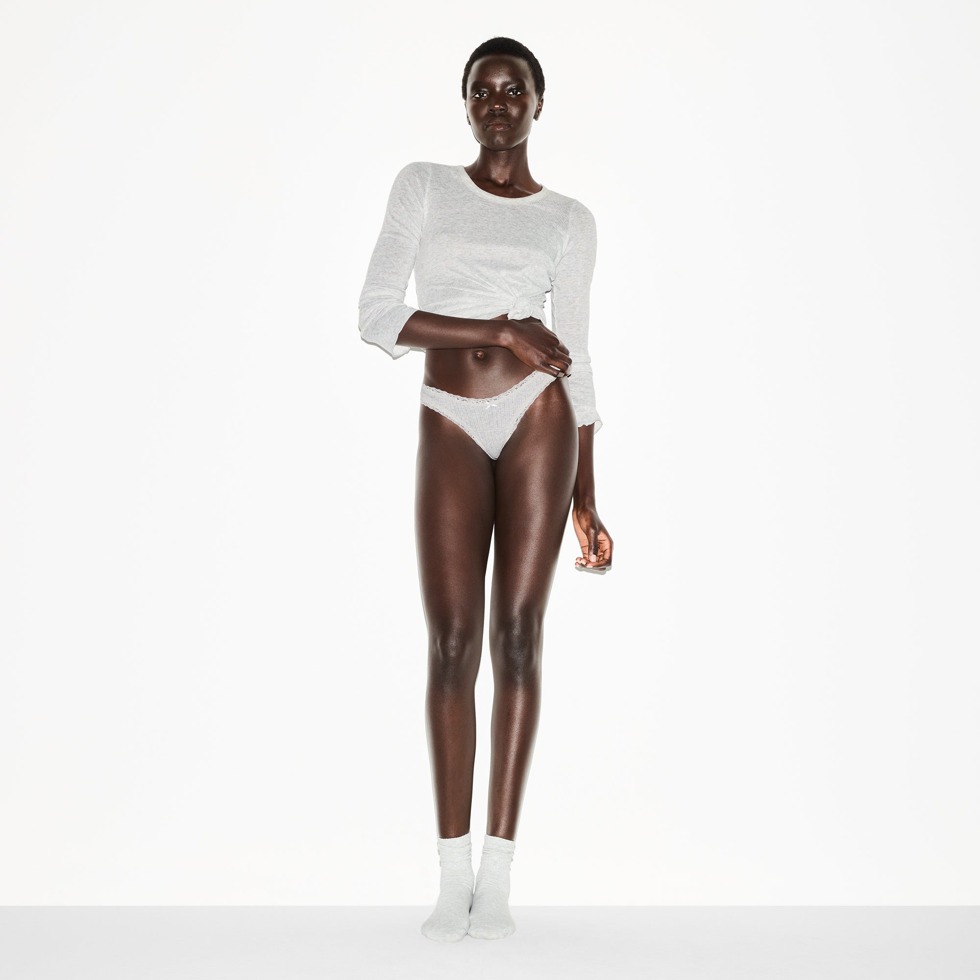 LIGHTWEIGHT COTTON POINTELLE LACE THONG | LIGHT HEATHER GREY thumbnail 2