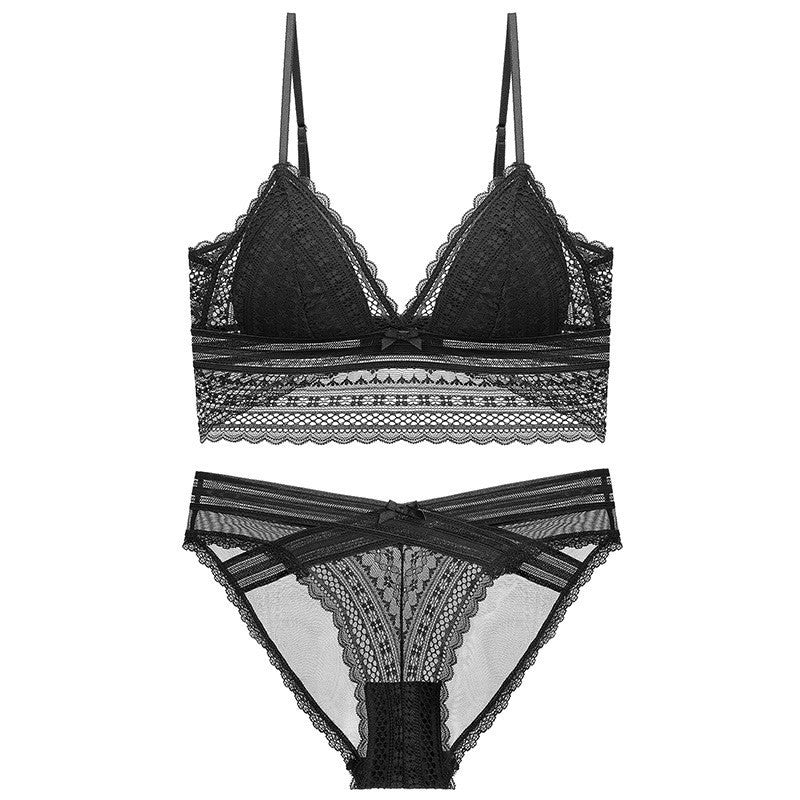Elegant French Lace Wireless Triangle Cup Lingerie Bra Set - Onyx thumbnail 2