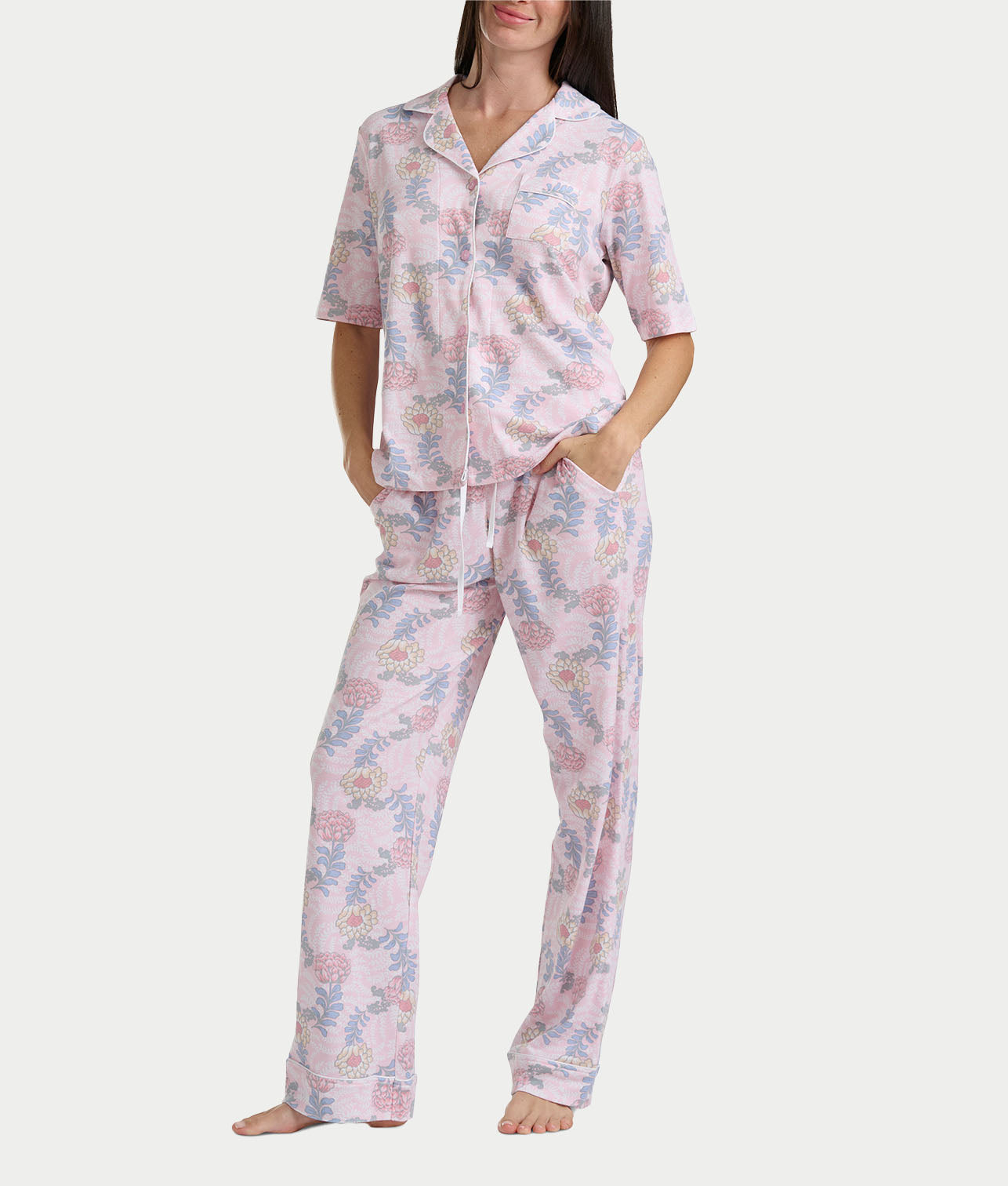 Notch Collar Elbow Sleeve Pajama Set
