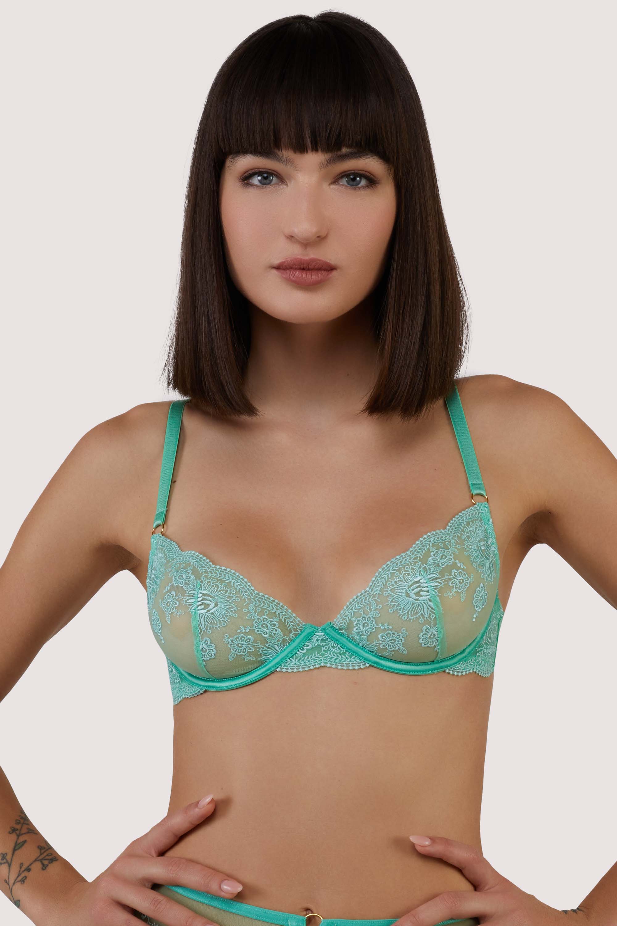 Sarina Green Embroidery Strap Plunge Bra With Detachable Harness thumbnail 2