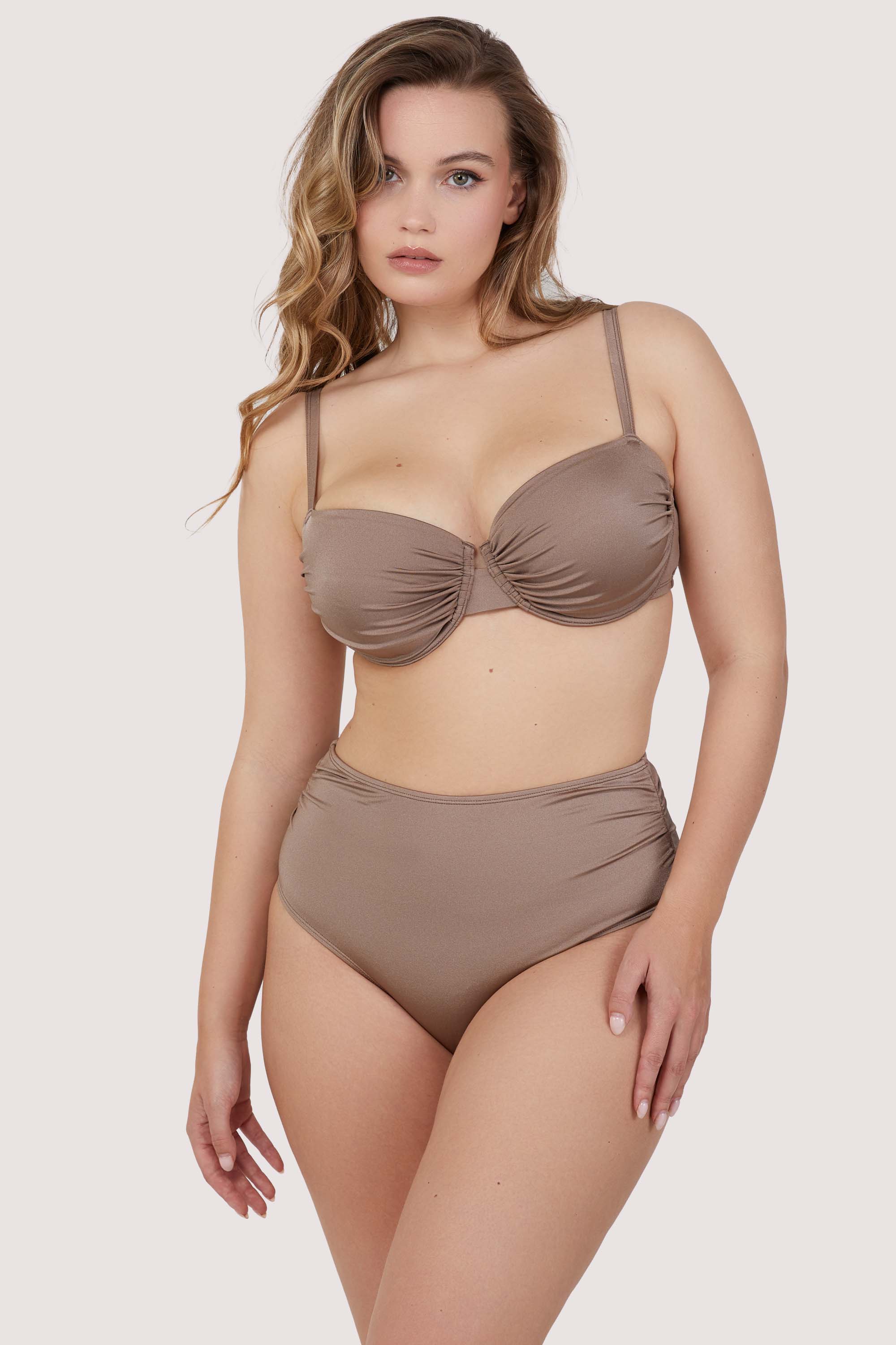 Jade Taupe Neutral High Waist High Leg Ruched Bikini Bottom thumbnail 3