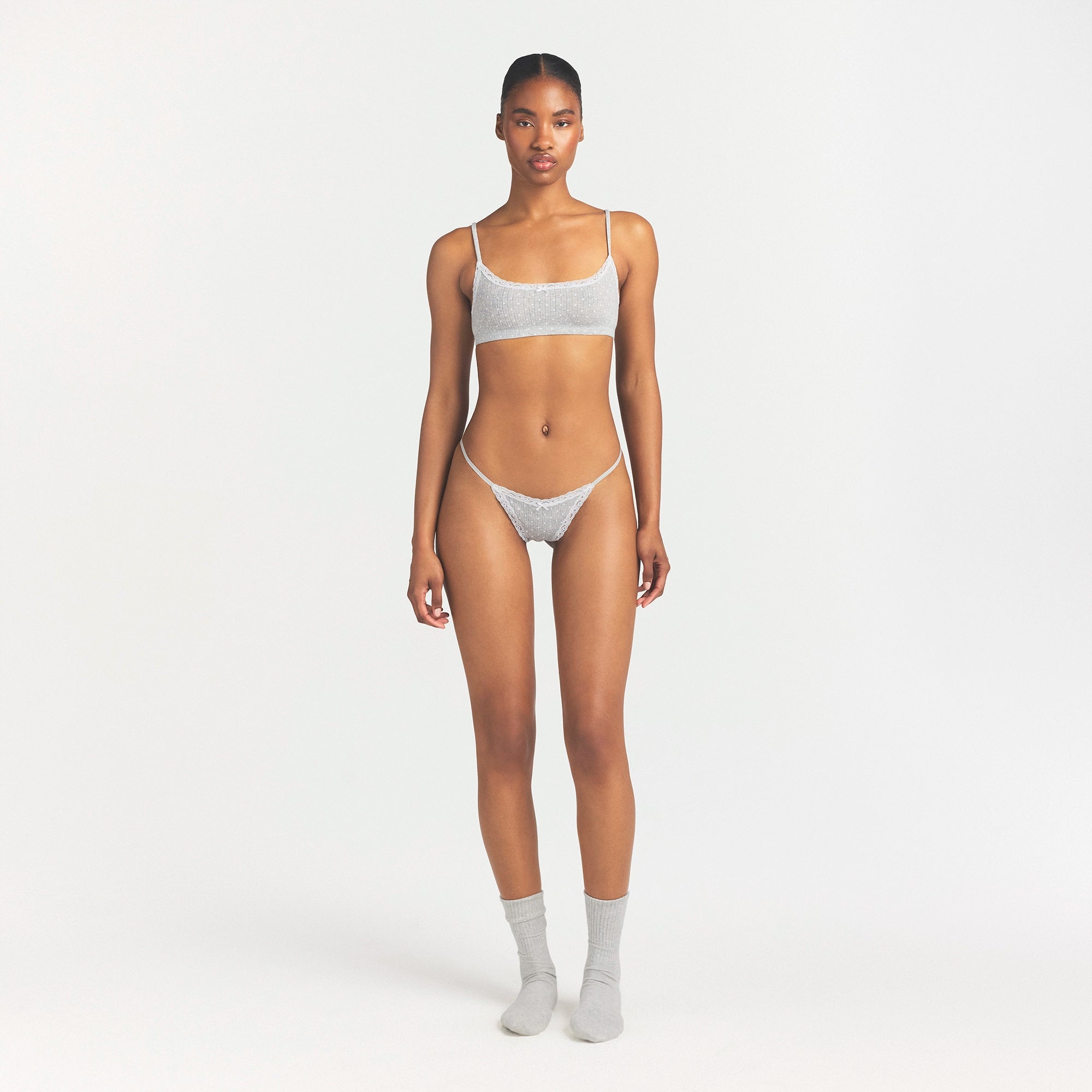 LIGHTWEIGHT COTTON POINTELLE LACE STRING THONG | LIGHT HEATHER GREY PIN DOT thumbnail 2