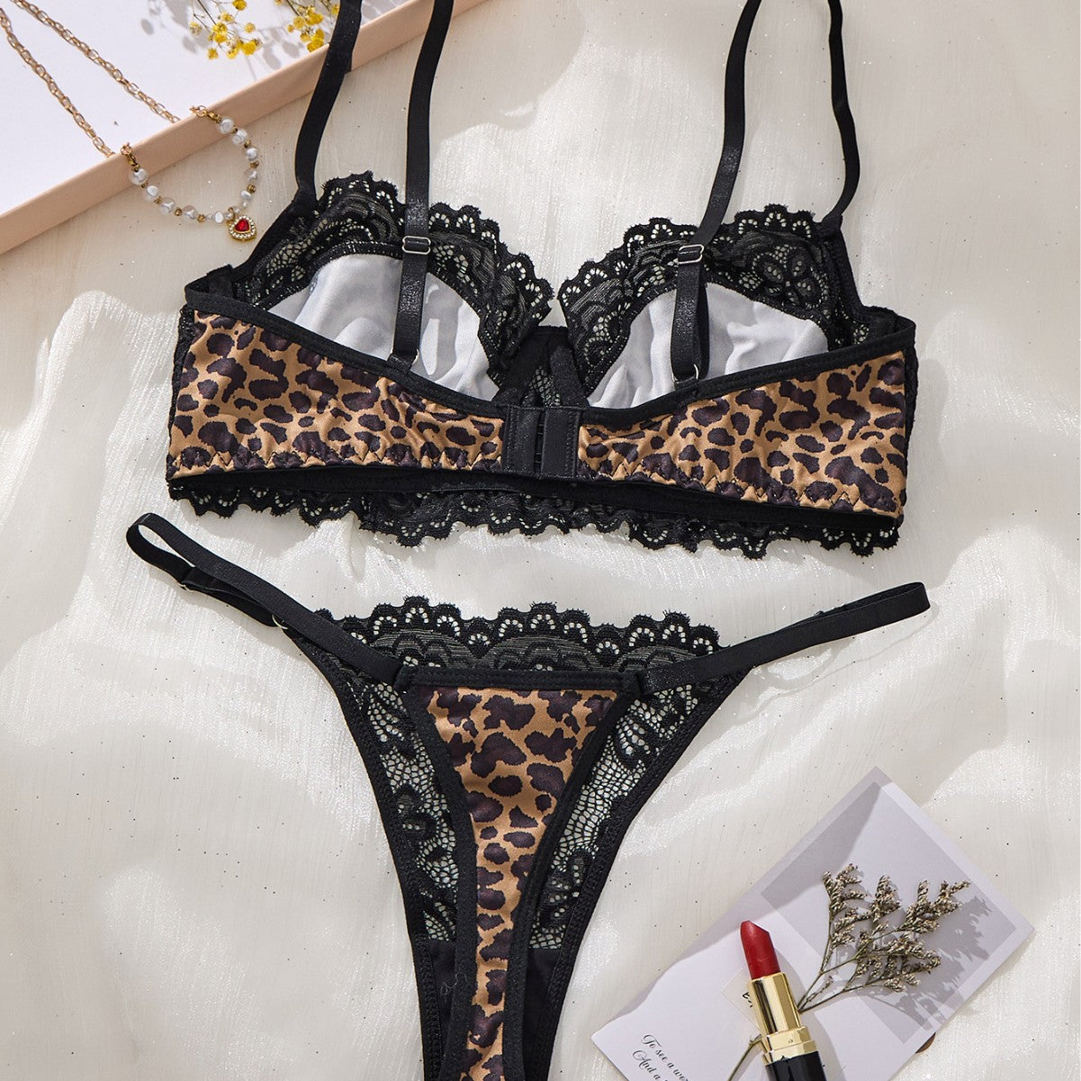 Wild Leopard Print Lace Underwire Bra and Thong Set Black thumbnail 2