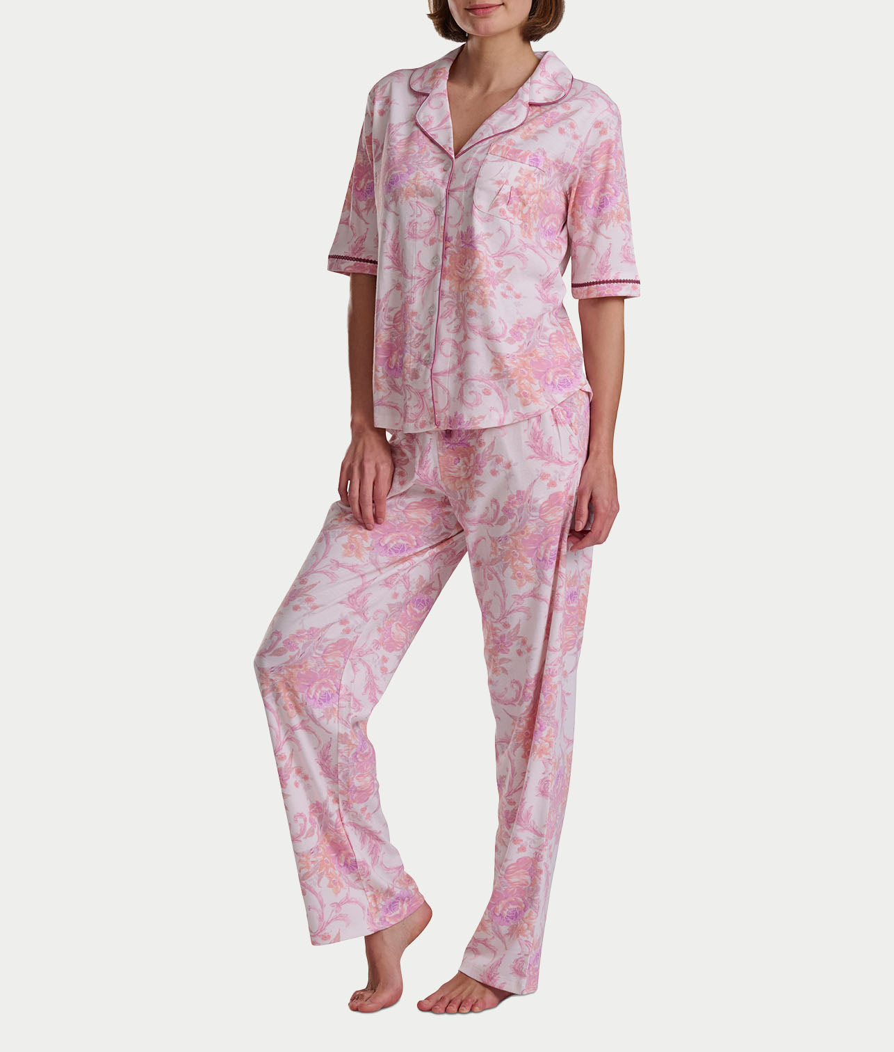 Petite Romantic Fields Notch Collar Pajama Set with Lace