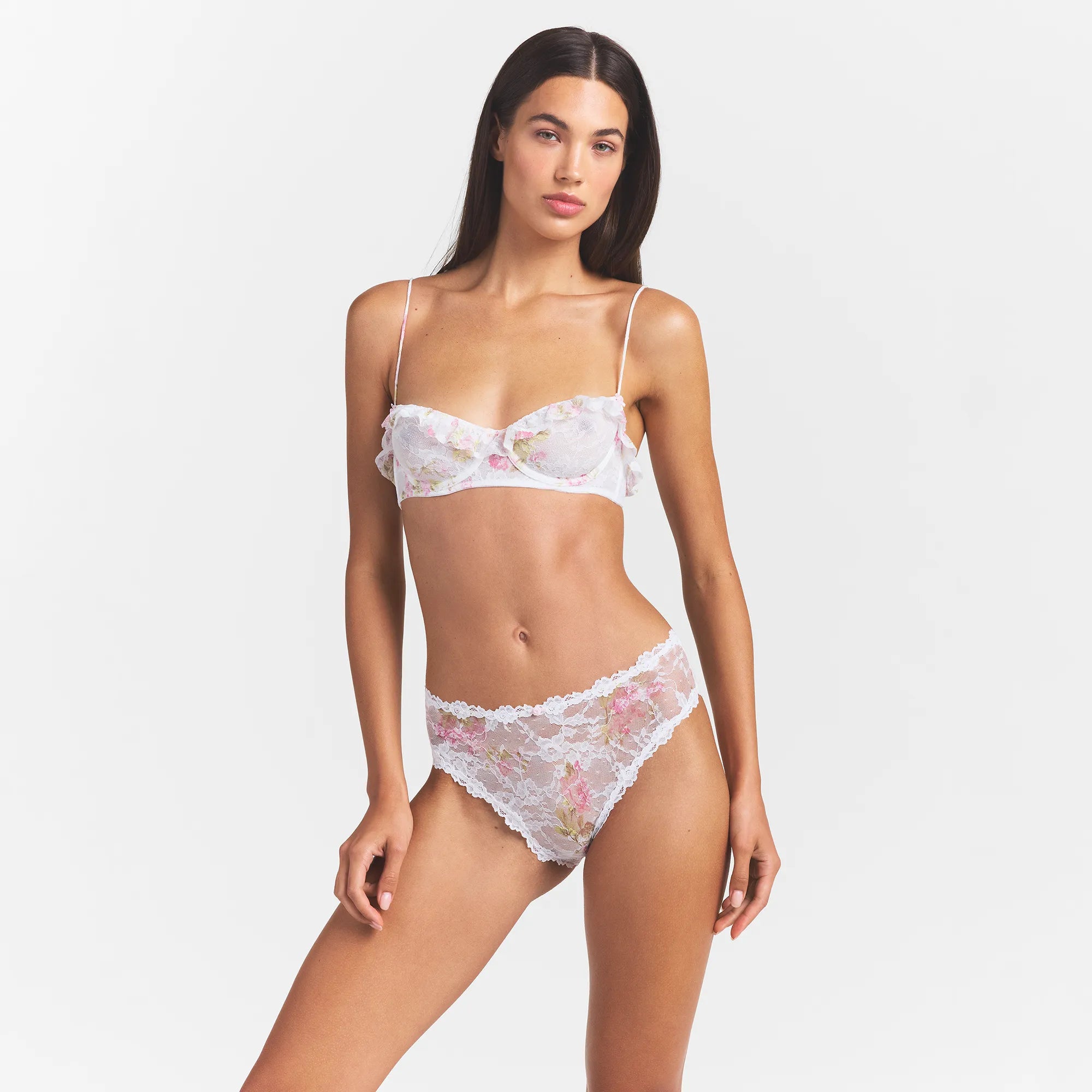 STRETCH LACE RUFFLE UNLINED BRA | SNOW VINTAGE FLORAL PRINT thumbnail 3