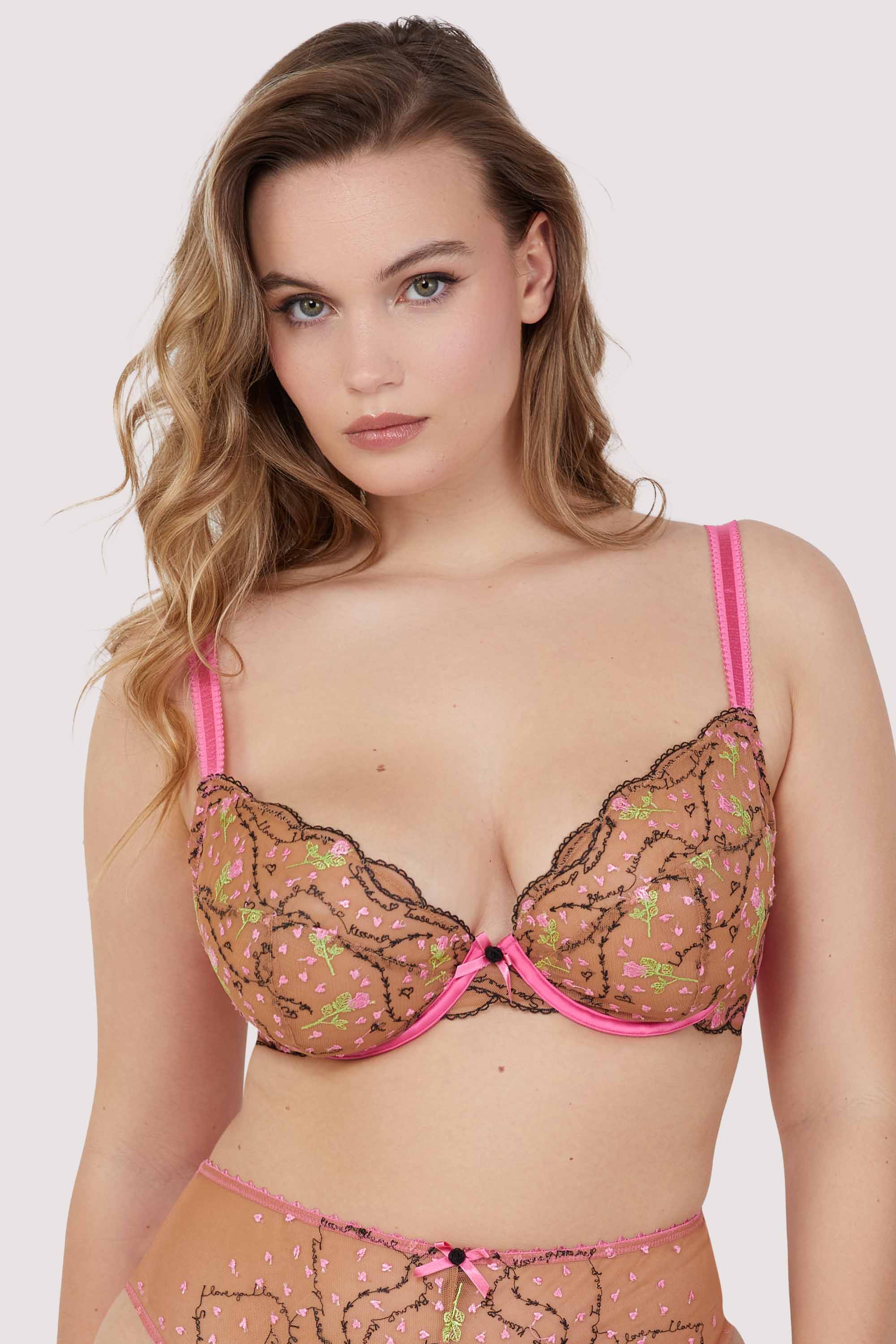 Spank Me Pink and Nude Custom Embroidery Plunge Bra thumbnail 2
