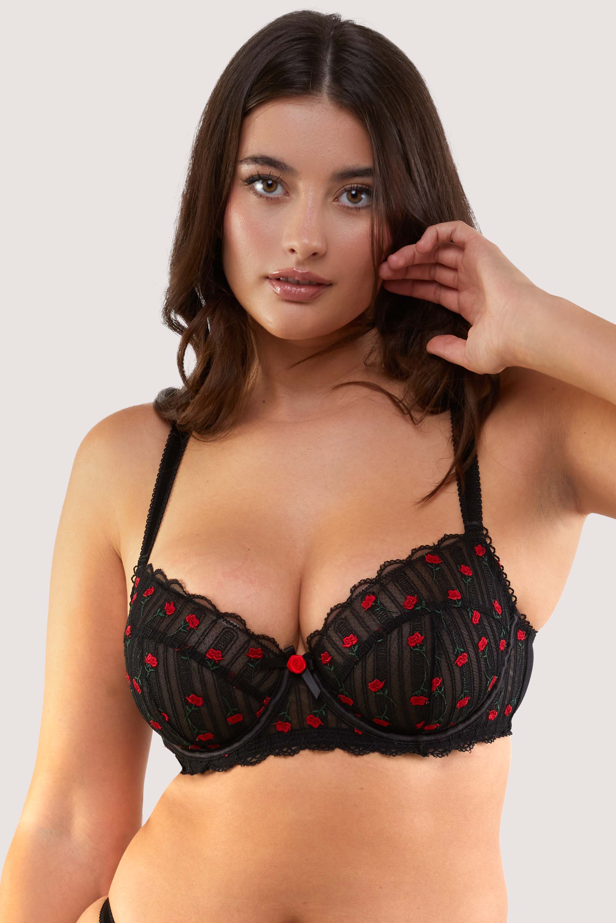 Elodie Black and Red Rosebud Embroidery Balconette Bra thumbnail 3