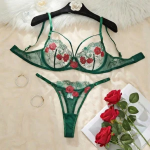 Floral Lace Transparent Push Up Bra Panty Set Emerald Bloom