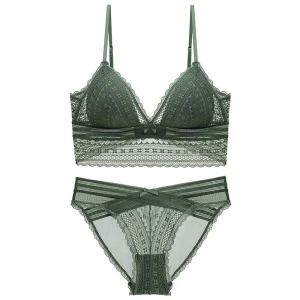 Elegant French Lace Wireless Triangle Cup Lingerie Bra Set - Onyx