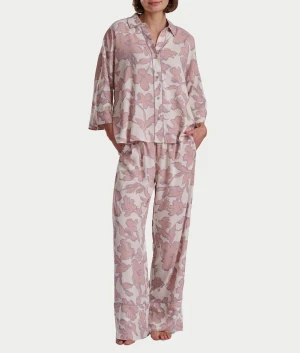 Woven 3/4 Sleeve Button-Down Top and Long Pant Set